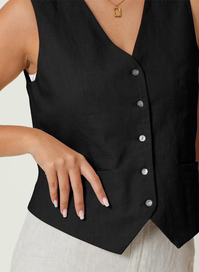 Hobemty Women's Linen Vest Sleeveless Button Down V Neck Formal Business Waistcoat Medium Black - Image 4